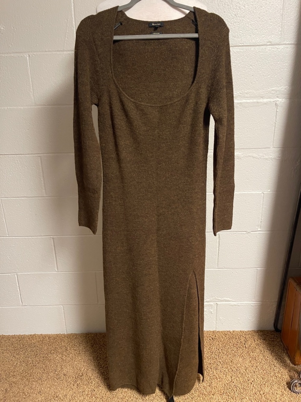 Massimo Dutti Olive-Brown Ribbed Scoop-Neck Maxi Dress